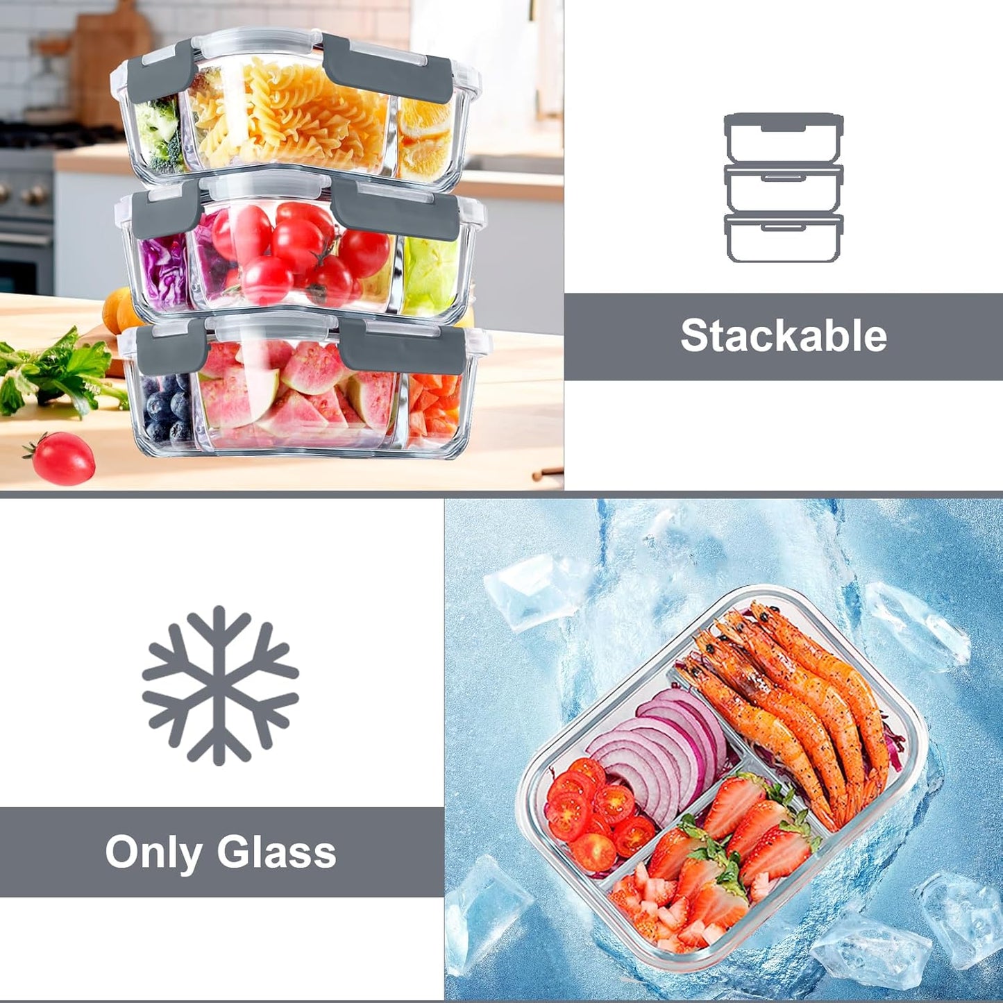 Versatile 5 Pack Glass Meal Prep Containers - 3 Compartment, 36OZ Airtight Lunch Containers for Effortless Meal Storage & On-the-Go Convenience
