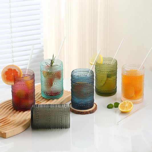 Elevate Your Entertaining with Our Set of 6 Vintage 15Oz Colored Hobnail Drinking Glasses - Perfect for Cocktails, Juices, and More!