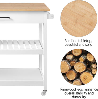 Modern 40" Kitchen Island Cart on Wheels with Solid Bamboo Top, Spacious Drawer, and 2 Tiered Storage Shelves - Versatile Serving Trolley in White