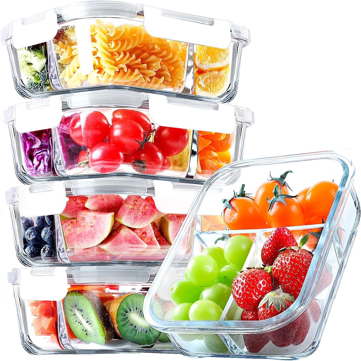 Versatile 5 Pack Glass Meal Prep Containers - 3 Compartment, 36OZ Airtight Lunch Containers for Effortless Meal Storage & On-the-Go Convenience