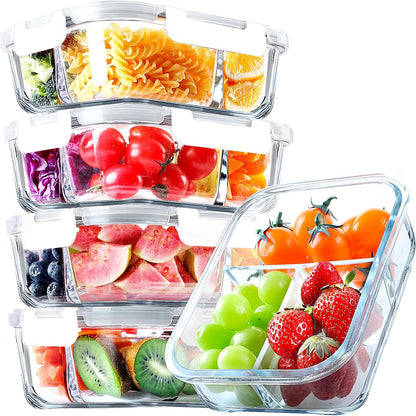 Versatile 5 Pack Glass Meal Prep Containers - 3 Compartment, 36OZ Airtight Lunch Containers for Effortless Meal Storage & On-the-Go Convenience