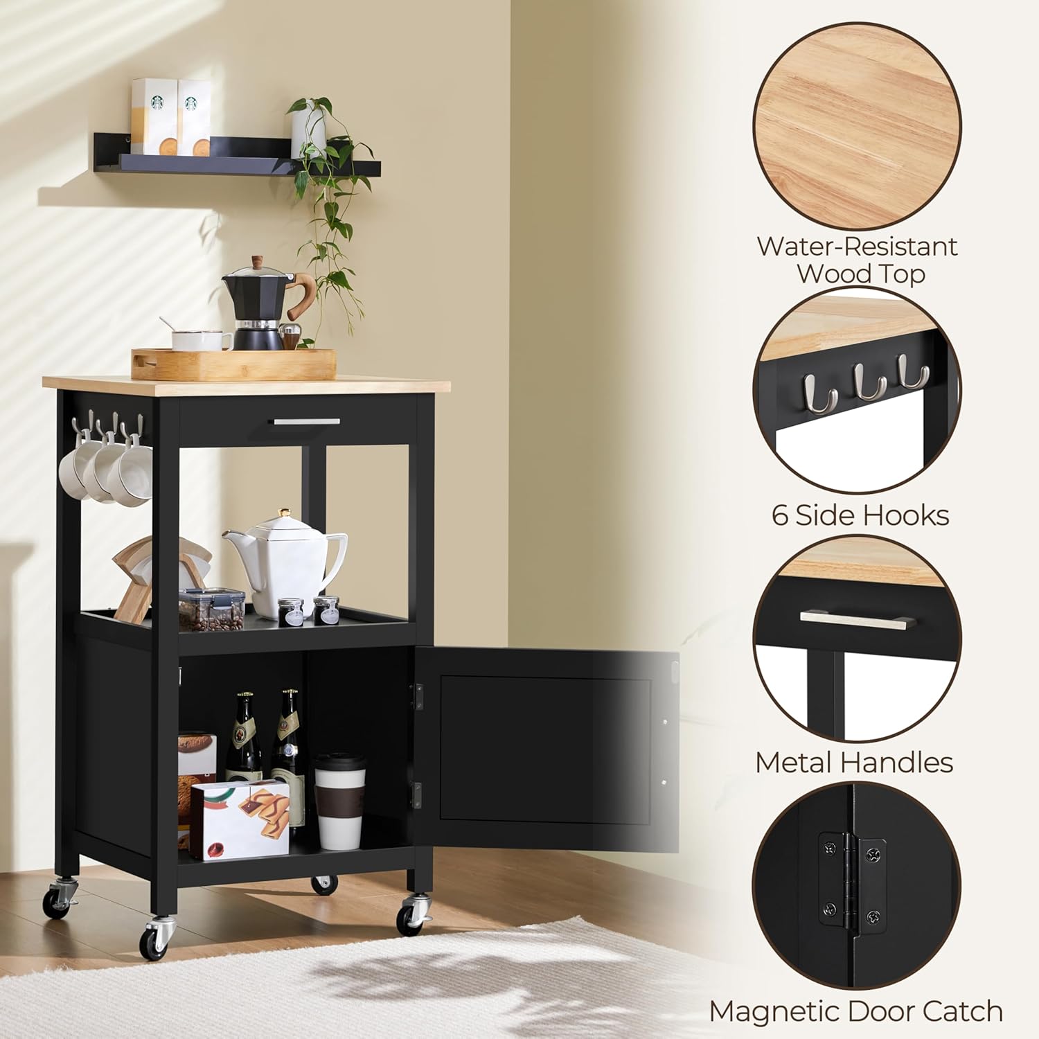 Versatile Black Kitchen Island on Wheels with Wooden Top, Drawer, and Open Shelf for Convenient Storage in Dining Spaces, 22" x 18" x 35"