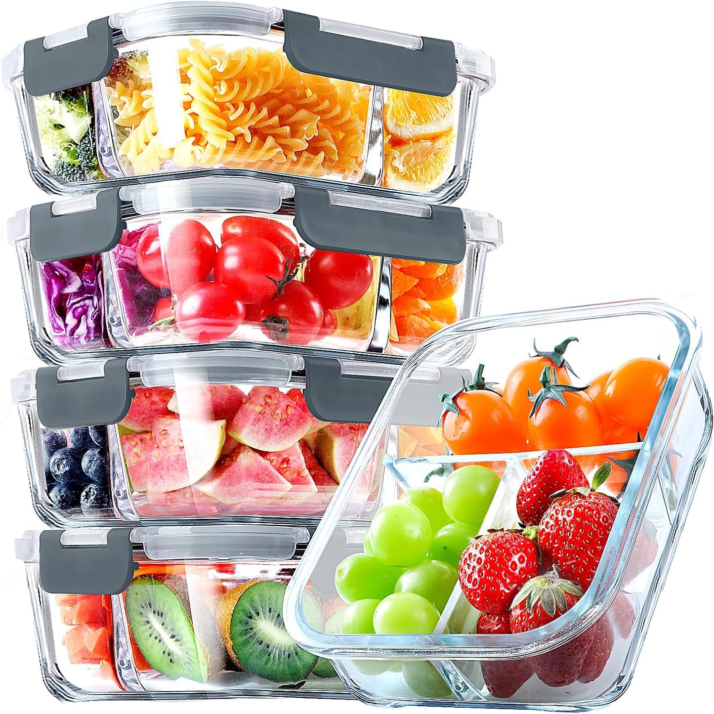 Versatile 5 Pack Glass Meal Prep Containers - 3 Compartment, 36OZ Airtight Lunch Containers for Effortless Meal Storage & On-the-Go Convenience