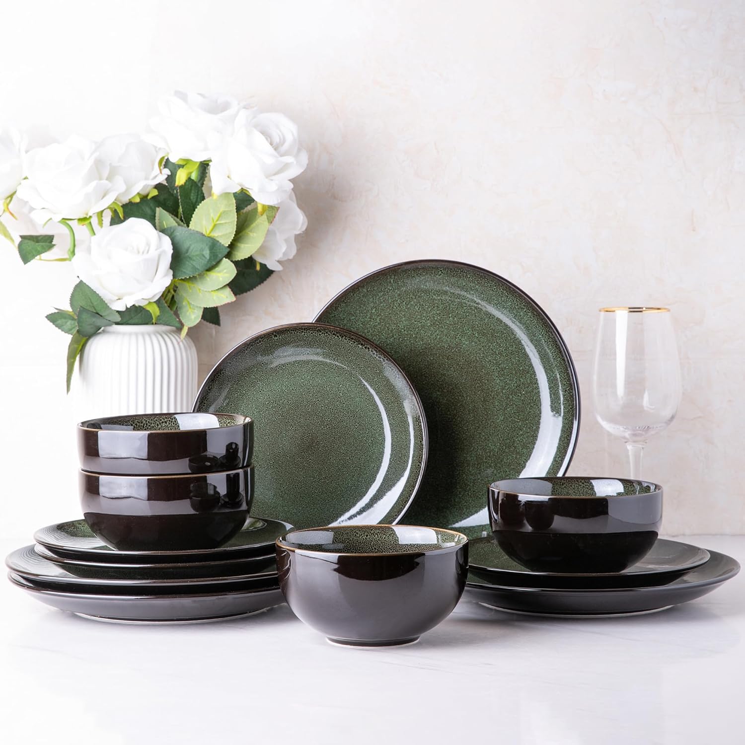 Elevate Your Dining Experience with Our Elegant Ceramic Dinnerware Set for 4 - Stylish, Durable, and Microwave Safe Stoneware Plates and Bowls