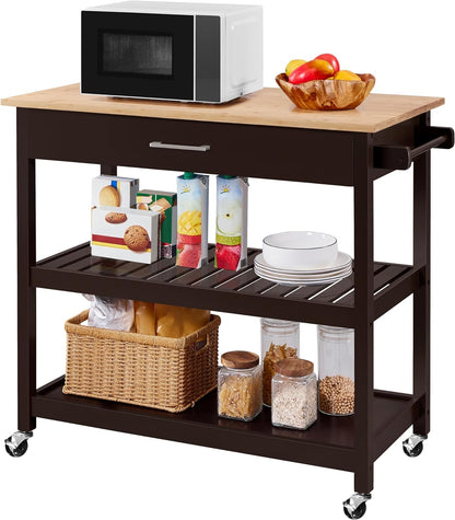Modern 40" Kitchen Island Cart on Wheels with Solid Bamboo Top, Spacious Drawer, and 2 Tiered Storage Shelves - Versatile Serving Trolley in White