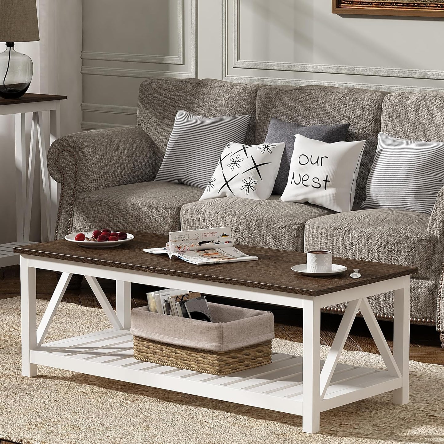 Charming Farmhouse Coffee Table - Rustic Vintage Design with Convenient Storage Shelf in Elegant White