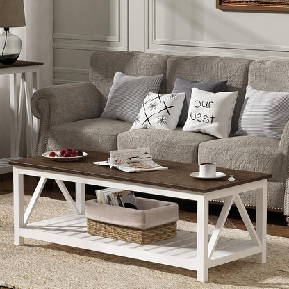 Charming Farmhouse Coffee Table - Rustic Vintage Design with Convenient Storage Shelf in Elegant White