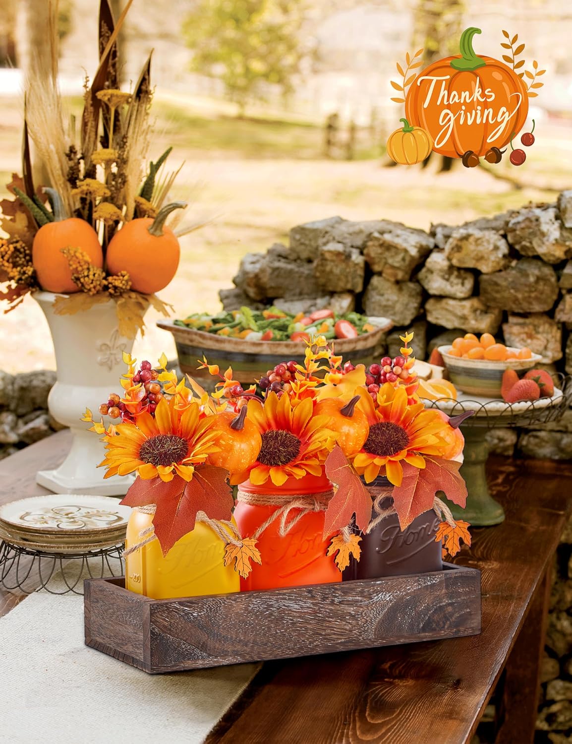 Mason Jar Fall Thanksgiving Centerpieces for Tables Fall Thanksgiving Table Decor, Flower, Wood Tray, Pumpkin Centerpieces Table Decorations for Home Indoor, 25 Pcs Autumn Kitchen Decor