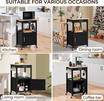 Versatile Black Kitchen Island on Wheels with Wooden Top, Drawer, and Open Shelf for Convenient Storage in Dining Spaces, 22" x 18" x 35"