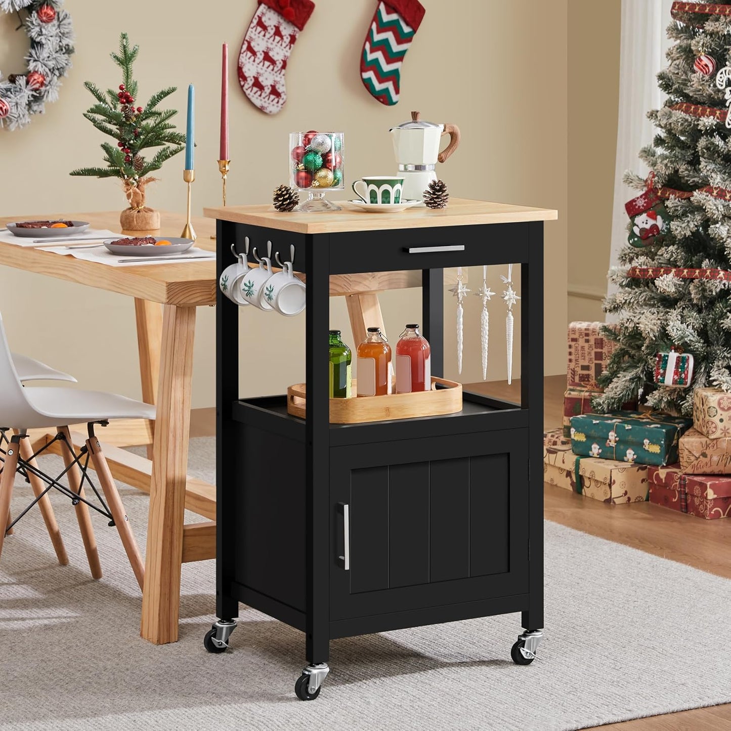 Versatile Black Kitchen Island on Wheels with Wooden Top, Drawer, and Open Shelf for Convenient Storage in Dining Spaces, 22" x 18" x 35"