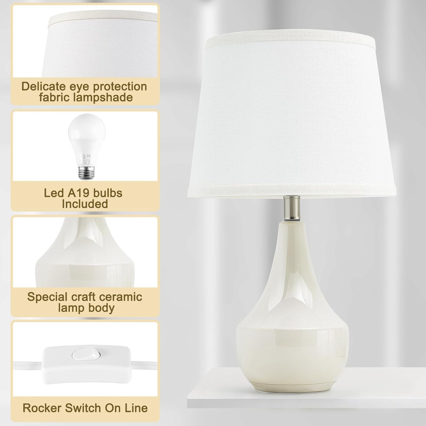 Table Lamp Set of 2, 18.63” Ceramic Table Lamp Classic beside Lamps Nightstand Lamp Modern Lamp for Living Room, Bedroom & Office Rocker Swtich Cream-Led Bulbs Included