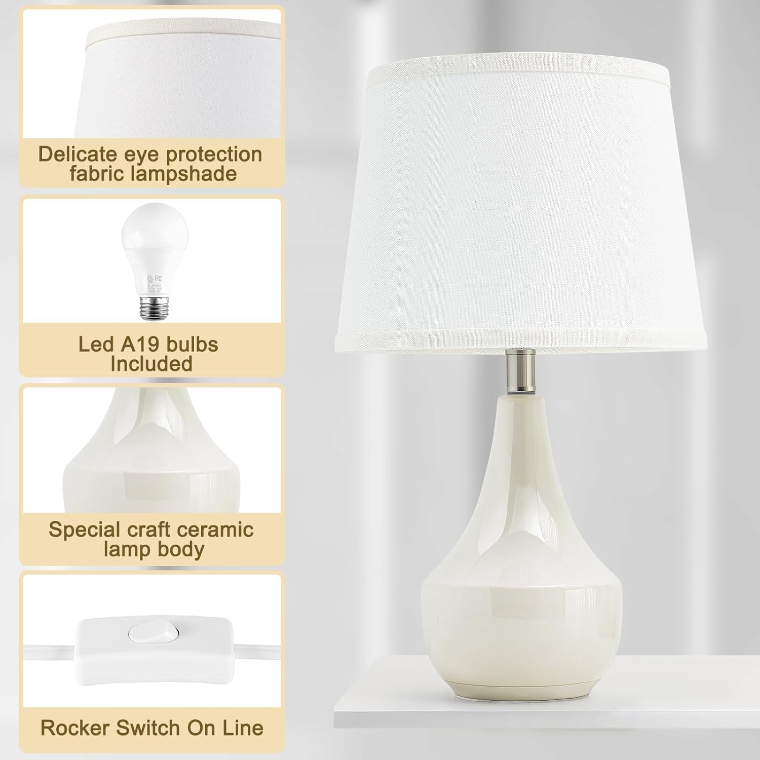 Table Lamp Set of 2, 18.63” Ceramic Table Lamp Classic beside Lamps Nightstand Lamp Modern Lamp for Living Room, Bedroom & Office Rocker Swtich Cream-Led Bulbs Included