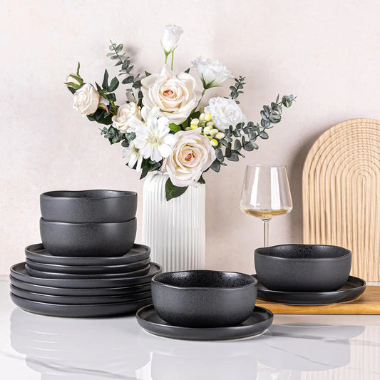 Ceramic Dinnerware Sets, Wavy Rim Stoneware Plates and Bowls Sets, Highly Chip and Crack Resistant Service for 4