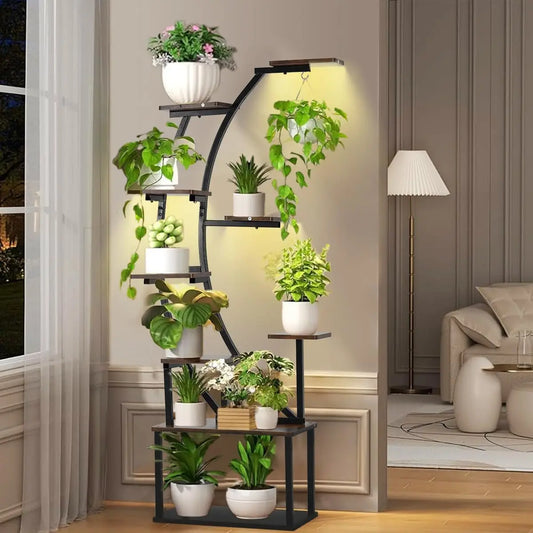 Black Plant Stand with Grow Light for Indoor Plants 9 Tiered Metal Plant Shelf 60" Black Holder Display Rack for Home Balcony