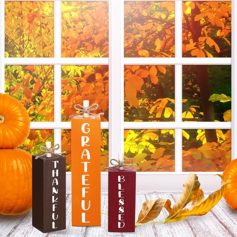 3 Pcs Fall Decorations for Home Fall Wood Block Sign Thanksgiving Tiered Tray Decor Farmhouse Thanksgiving Table Centerpieces for Home Office Mantel Shelf Desk Decor(Blessed Grateful)