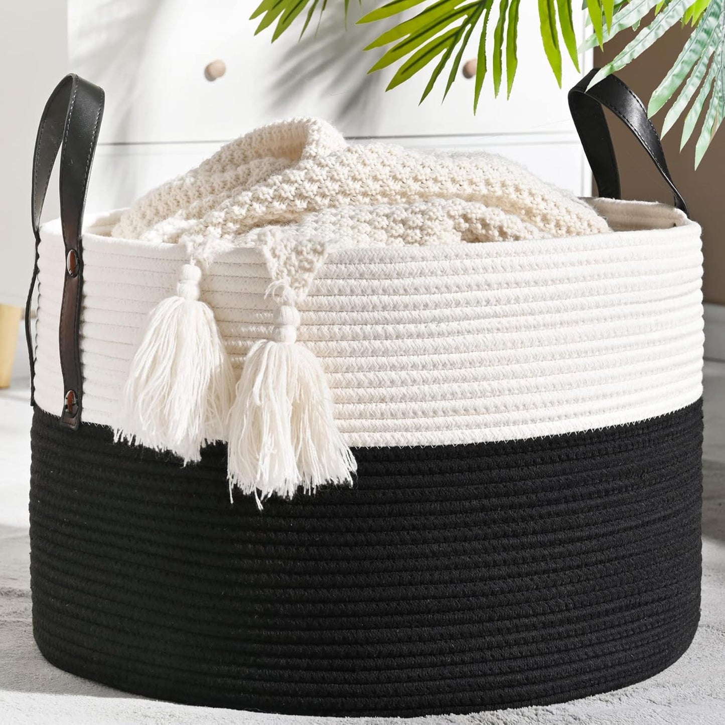 Large Blanket Basket (20"X13"),Woven Baskets for Storage Baby Laundry Hamper, Cotton Rope Blanket Basket for Living Room, Laundry, Nursery, Pillows, Baby Toy Chest (White/Brown)