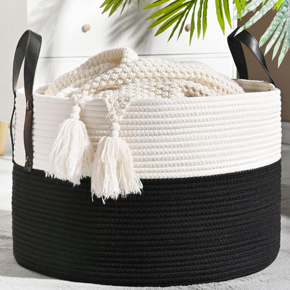 Large Blanket Basket (20"X13"),Woven Baskets for Storage Baby Laundry Hamper, Cotton Rope Blanket Basket for Living Room, Laundry, Nursery, Pillows, Baby Toy Chest (White/Brown)