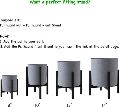Plant Pot 12 Inch - Perfectly Fits Mid-Century Modern Plant Stand - Drainage Plug - Gray Planter Pot