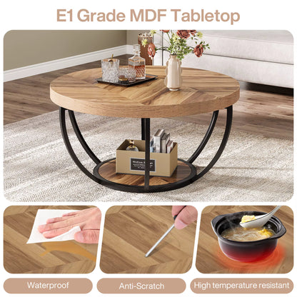 31.7" round Coffee Table, Industrial 2-Tier Circle Coffee Table with Storage Shelves, Modern Wooden Accent Center Tab
