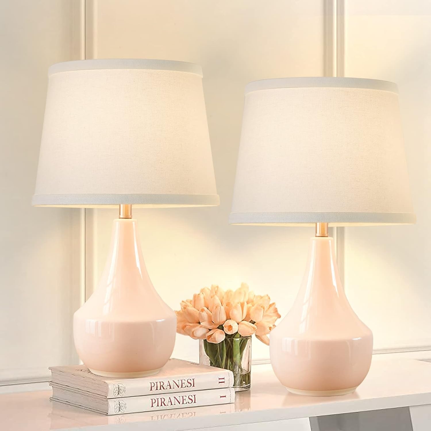 Table Lamp Set of 2, 18.63” Ceramic Table Lamp Classic beside Lamps Nightstand Lamp Modern Lamp for Living Room, Bedroom & Office Rocker Swtich Cream-Led Bulbs Included