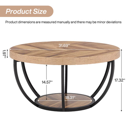 31.7" round Coffee Table, Industrial 2-Tier Circle Coffee Table with Storage Shelves, Modern Wooden Accent Center Tab