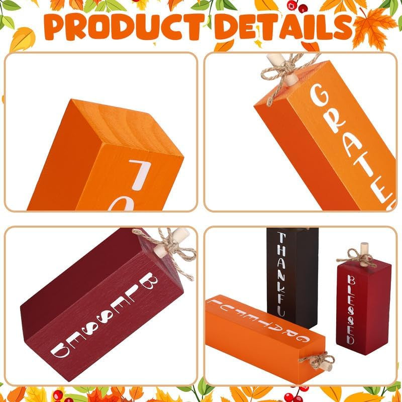 3 Pcs Fall Decorations for Home Fall Wood Block Sign Thanksgiving Tiered Tray Decor Farmhouse Thanksgiving Table Centerpieces for Home Office Mantel Shelf Desk Decor(Blessed Grateful)