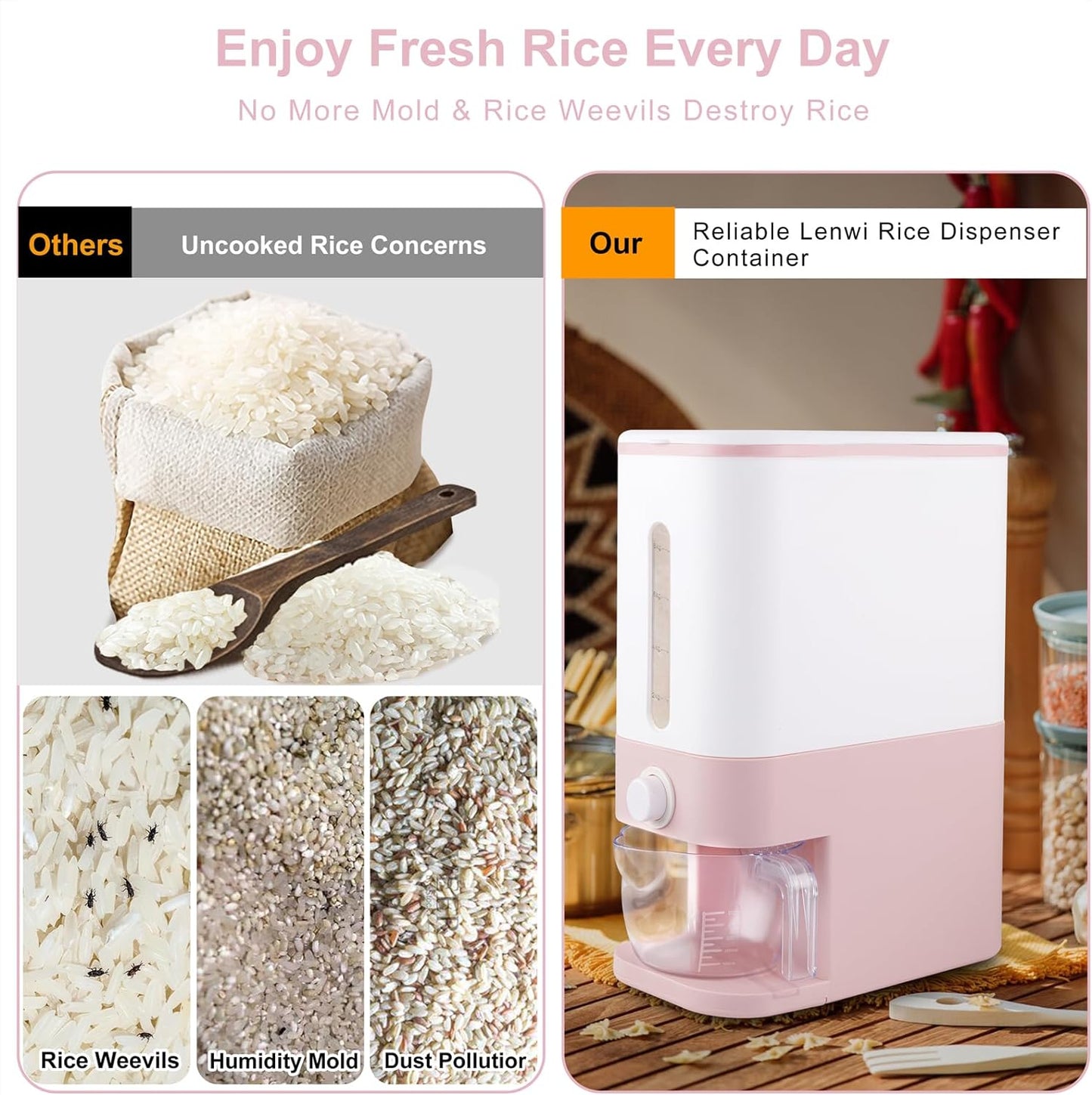 22.5-25 Lbs Pink Rice Dispenser, Rice Storage Container, Pink Rice Storage Container with Measuring Cup, Rice Holder Bucket for Household Kitchen Rice Soybean Corn