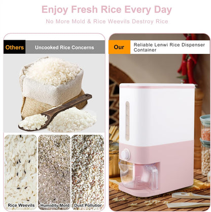 22.5-25 Lbs Pink Rice Dispenser, Rice Storage Container, Pink Rice Storage Container with Measuring Cup, Rice Holder Bucket for Household Kitchen Rice Soybean Corn
