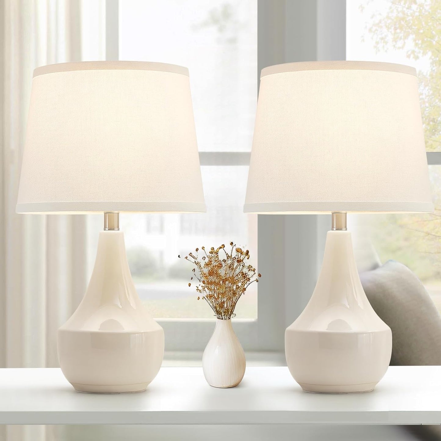 Table Lamp Set of 2, 18.63” Ceramic Table Lamp Classic beside Lamps Nightstand Lamp Modern Lamp for Living Room, Bedroom & Office Rocker Swtich Cream-Led Bulbs Included