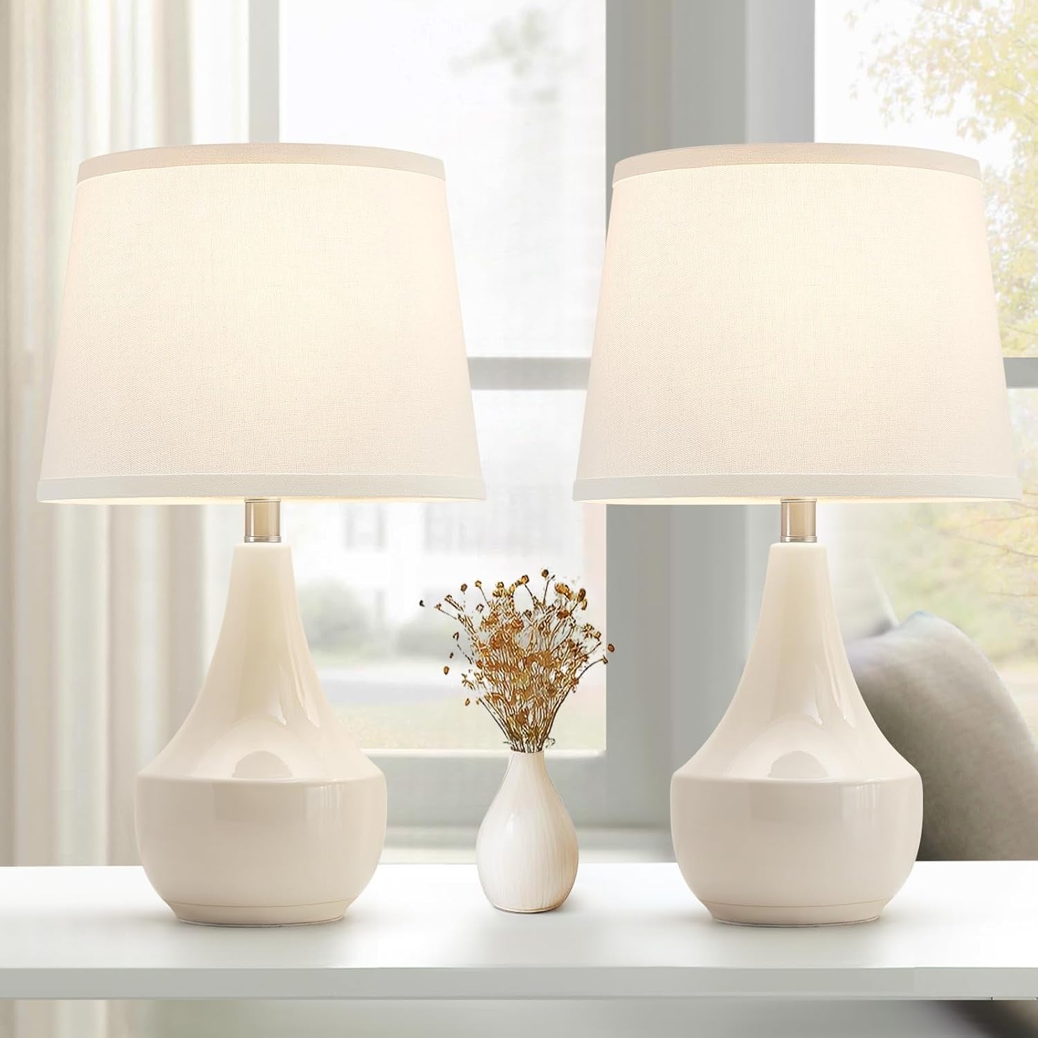 Table Lamp Set of 2, 18.63” Ceramic Table Lamp Classic beside Lamps Nightstand Lamp Modern Lamp for Living Room, Bedroom & Office Rocker Swtich Cream-Led Bulbs Included