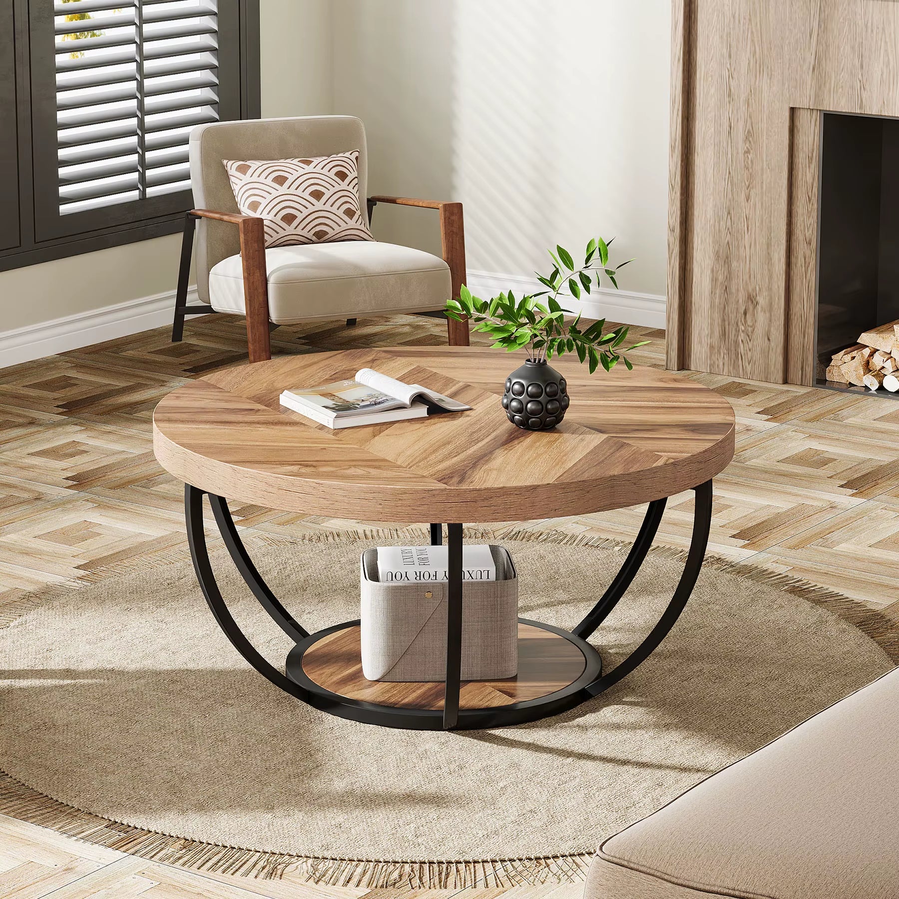 31.7" round Coffee Table, Industrial 2-Tier Circle Coffee Table with Storage Shelves, Modern Wooden Accent Center Tab