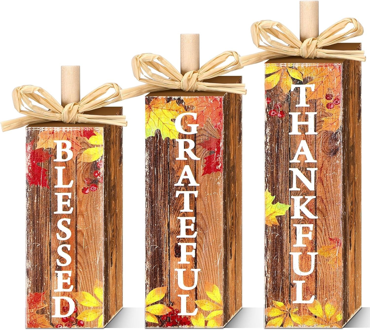 3 Pcs Fall Decorations for Home Fall Wood Block Sign Thanksgiving Tiered Tray Decor Farmhouse Thanksgiving Table Centerpieces for Home Office Mantel Shelf Desk Decor(Blessed Grateful)