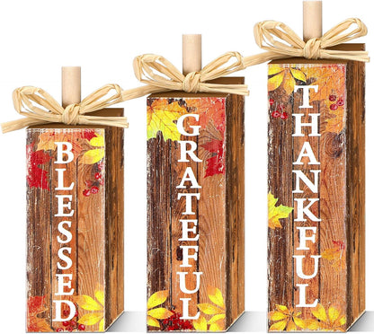 3 Pcs Fall Decorations for Home Fall Wood Block Sign Thanksgiving Tiered Tray Decor Farmhouse Thanksgiving Table Centerpieces for Home Office Mantel Shelf Desk Decor(Blessed Grateful)