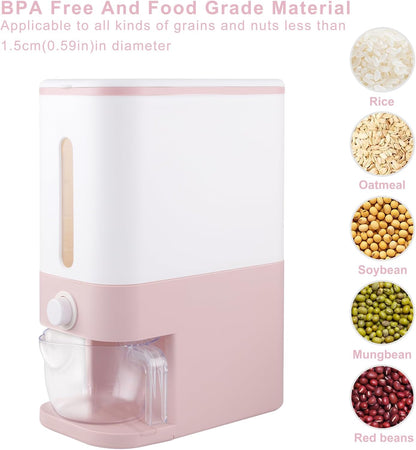 22.5-25 Lbs Pink Rice Dispenser, Rice Storage Container, Pink Rice Storage Container with Measuring Cup, Rice Holder Bucket for Household Kitchen Rice Soybean Corn