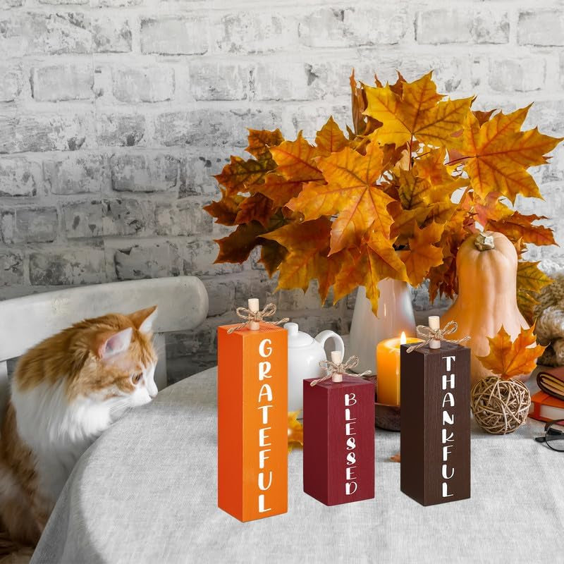 3 Pcs Fall Decorations for Home Fall Wood Block Sign Thanksgiving Tiered Tray Decor Farmhouse Thanksgiving Table Centerpieces for Home Office Mantel Shelf Desk Decor(Blessed Grateful)