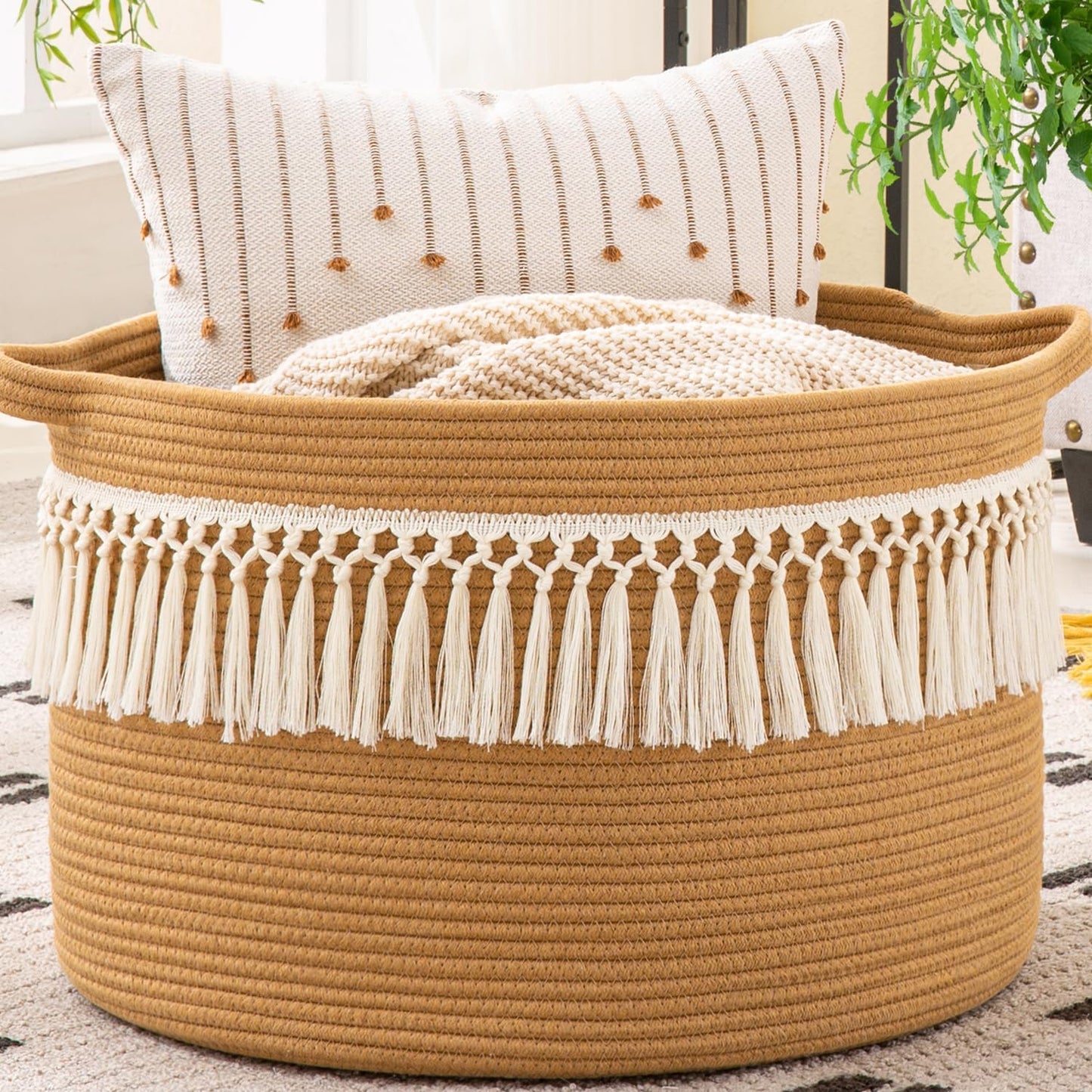 Large Blanket Basket (20"X13"),Woven Baskets for Storage Baby Laundry Hamper, Cotton Rope Blanket Basket for Living Room, Laundry, Nursery, Pillows, Baby Toy Chest (White/Brown)