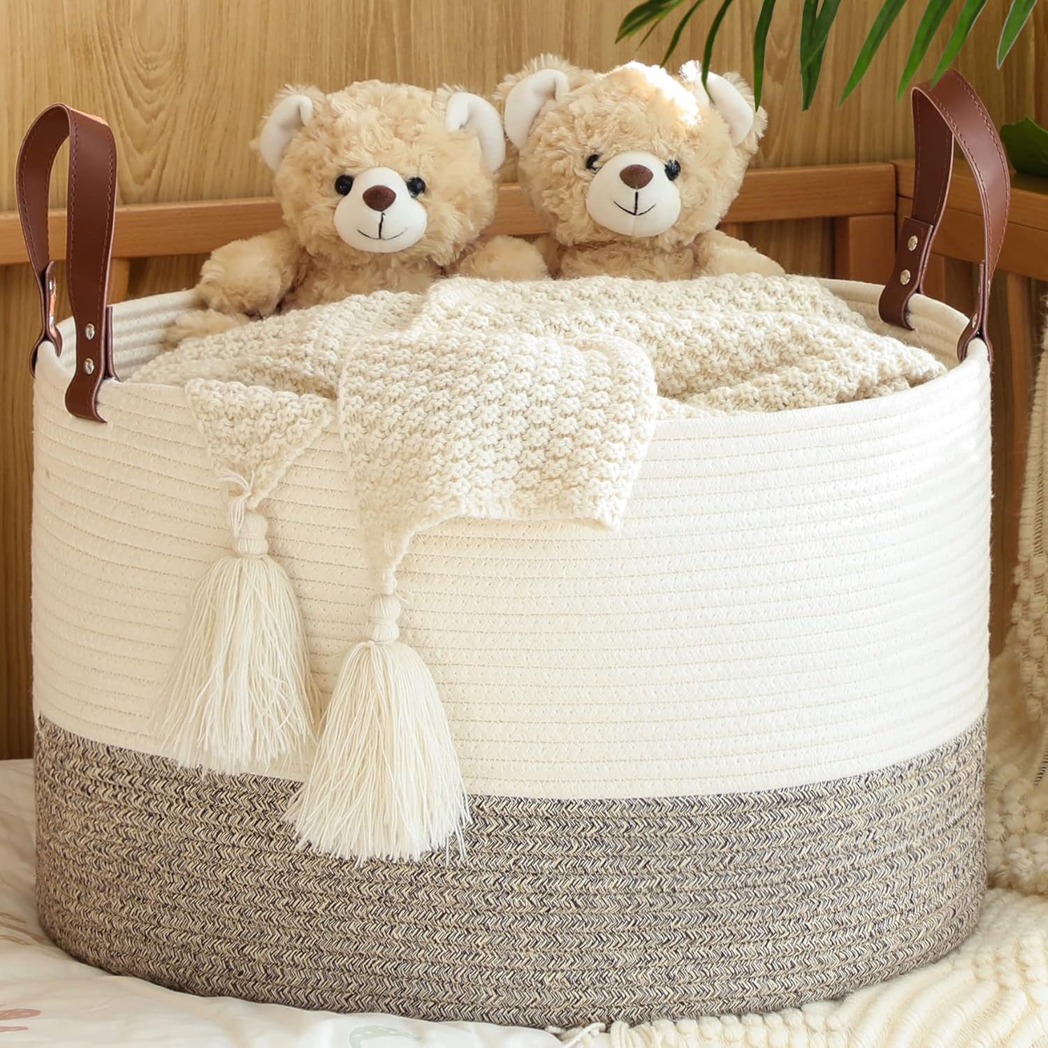 Large Blanket Basket (20"X13"),Woven Baskets for Storage Baby Laundry Hamper, Cotton Rope Blanket Basket for Living Room, Laundry, Nursery, Pillows, Baby Toy Chest (White/Brown)