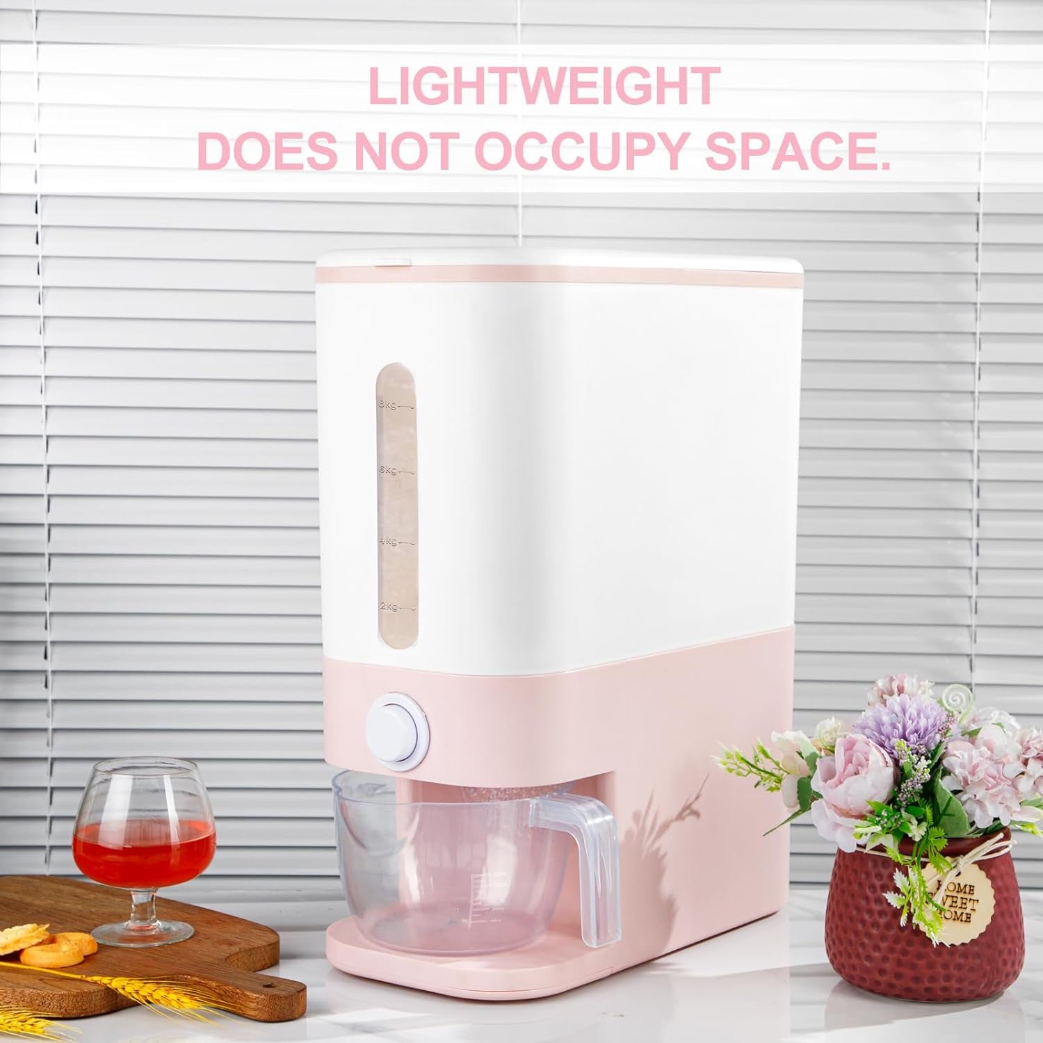 22.5-25 Lbs Pink Rice Dispenser, Rice Storage Container, Pink Rice Storage Container with Measuring Cup, Rice Holder Bucket for Household Kitchen Rice Soybean Corn
