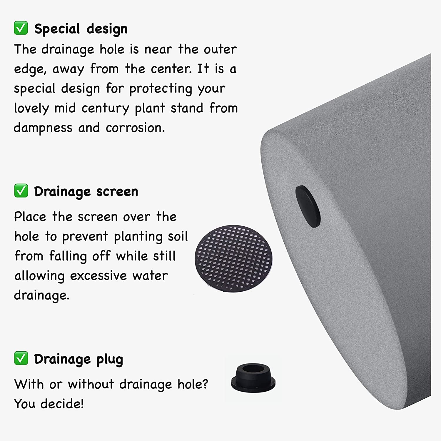 Plant Pot 12 Inch - Perfectly Fits Mid-Century Modern Plant Stand - Drainage Plug - Gray Planter Pot